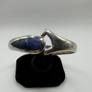 Sterling Silver Sodalite Hinged Cuff Bracelet Heavy Modernist 950 Marked